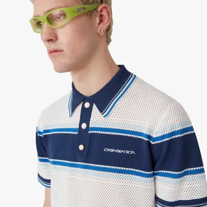 Wit-blauw gestreept mesh poloshirt met korte mouwen