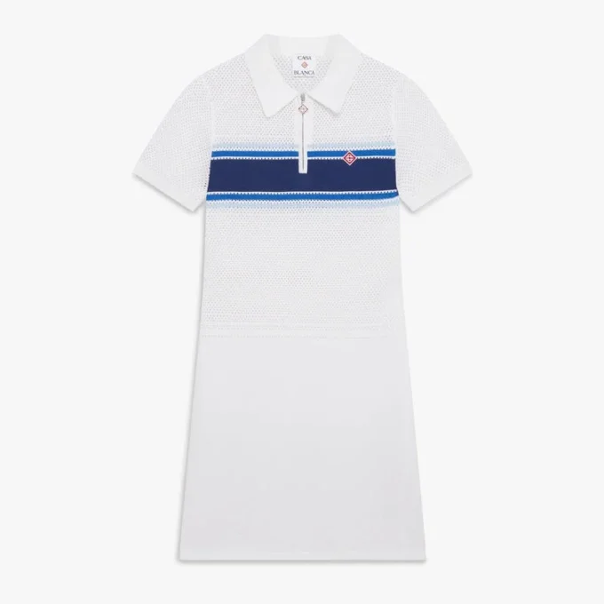 Wit-blauw gestreepte midi-jurk van mesh