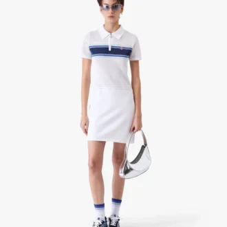 Wit-blauw gestreepte midi-jurk van mesh