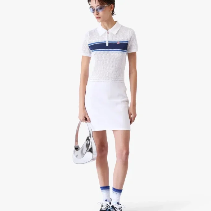 Wit-blauw gestreepte midi-jurk van mesh