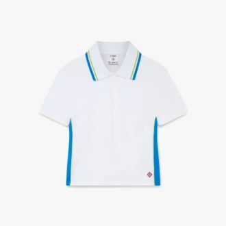 Wit piqué poloshirt met uitsnijdingen