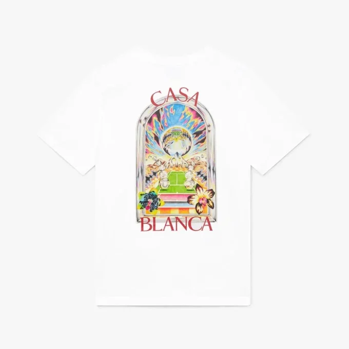 Wit T-shirt met korte mouwen en tennislandschap