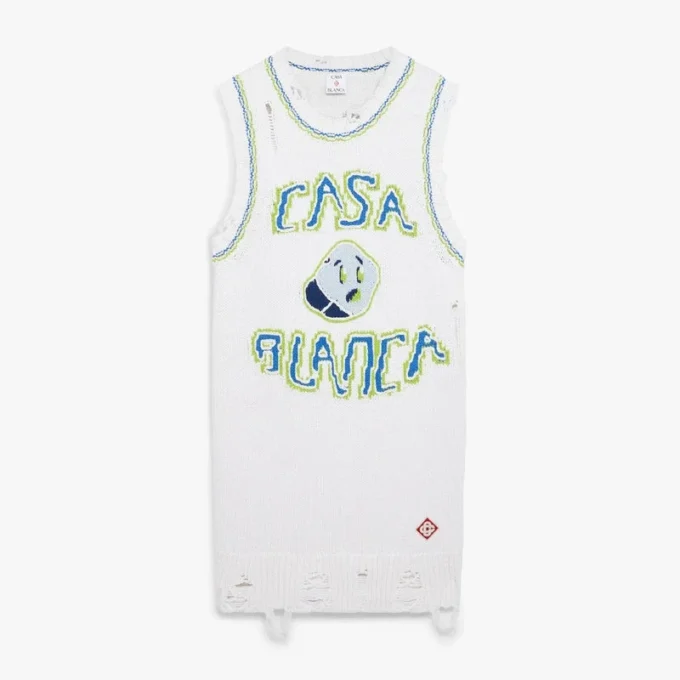 Witte, handgebreide mini-tanktopjurk