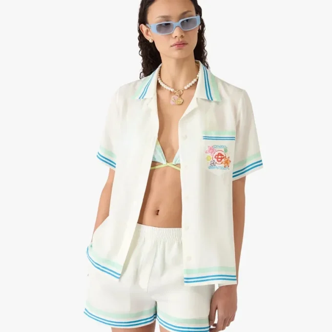 Zijden overhemd met korte mouwen en bloemenprint en Cubaanse kraag