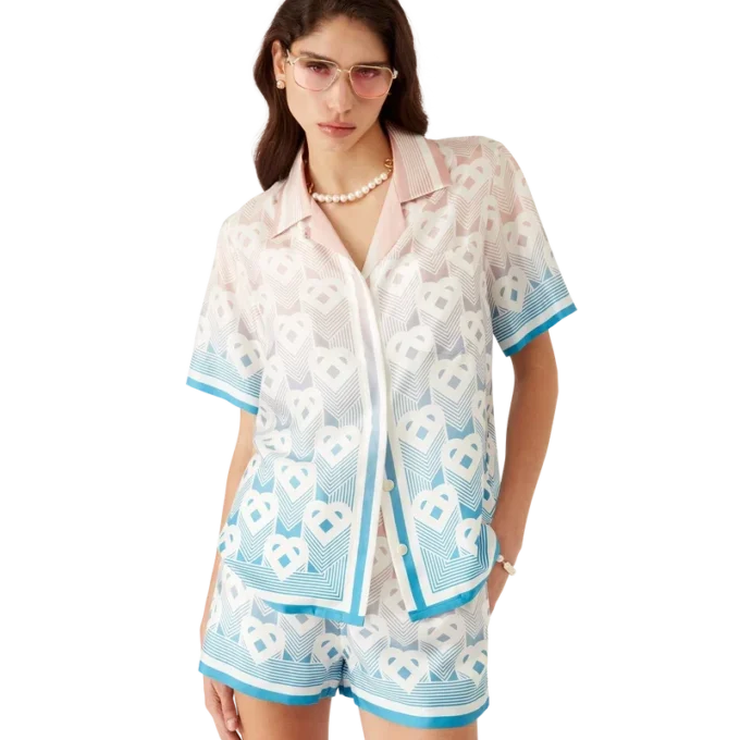 Zijden overhemd met korte mouwen en hartvormig monogram in kleurverloop