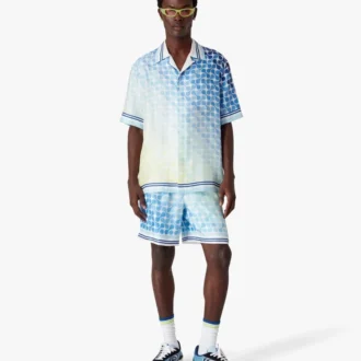 Zijden overhemd met korte mouwen en Tennis Tile-print in kleurverloop