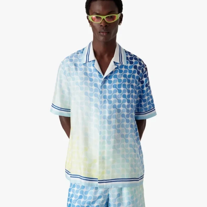 Zijden overhemd met korte mouwen en Tennis Tile-print in kleurverloop Zijden overhemd met korte mouwen en Tennis Tile-print in kleurverloop