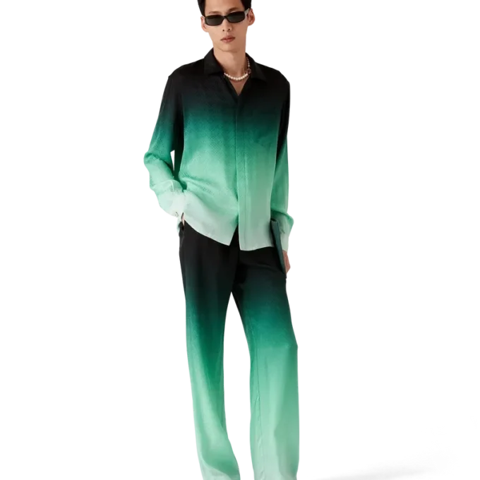 Zijden overhemd met lange mouwen en jacquardprint met pingpongballen in kleurverloop