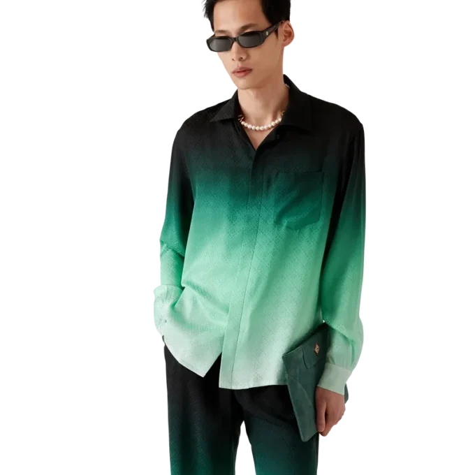 Zijden overhemd met lange mouwen en jacquardprint met pingpongballen in kleurverloop