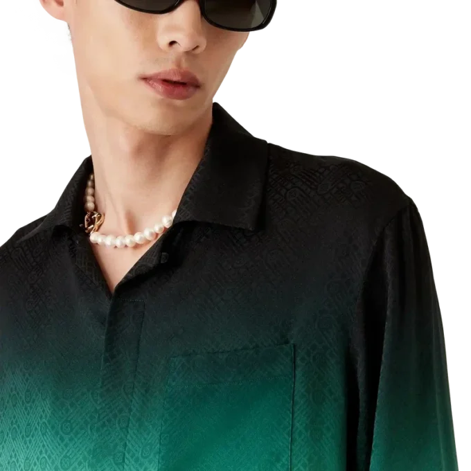 Zijden overhemd met lange mouwen en jacquardprint met pingpongballen in kleurverloop