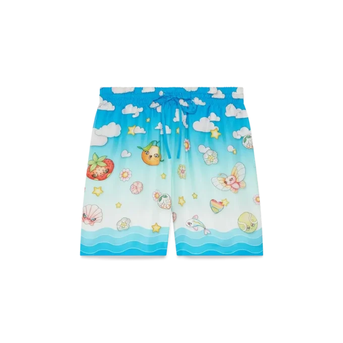 Zijden twill-Shorts met Kawaii-motief Zijden twill-Shorts met Kawaii-motief