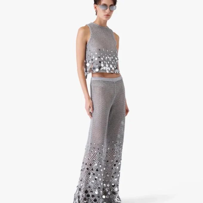Zilveren broek met spiegelhaakwerk