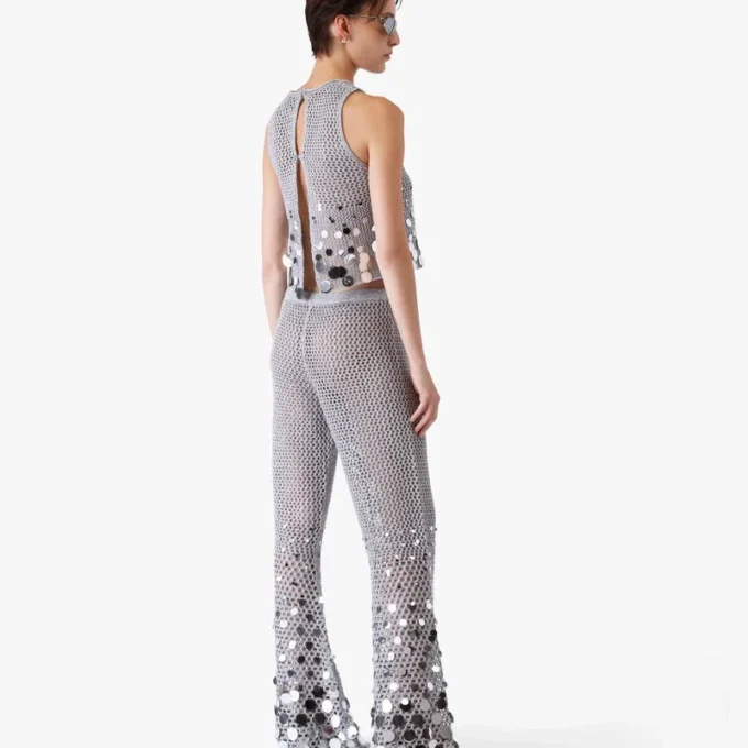 Zilveren broek met spiegelhaakwerk