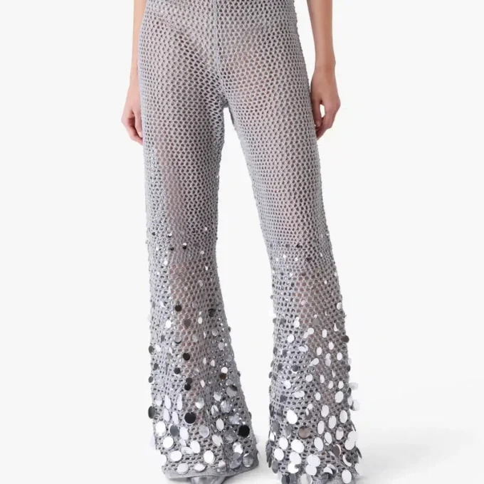 Zilveren broek met spiegelhaakwerk