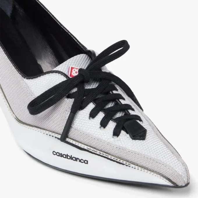 Zilveren leren sneakerpumps met hak