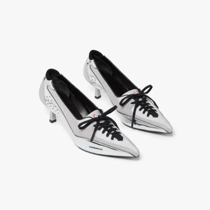 Zilveren leren sneakerpumps met hak