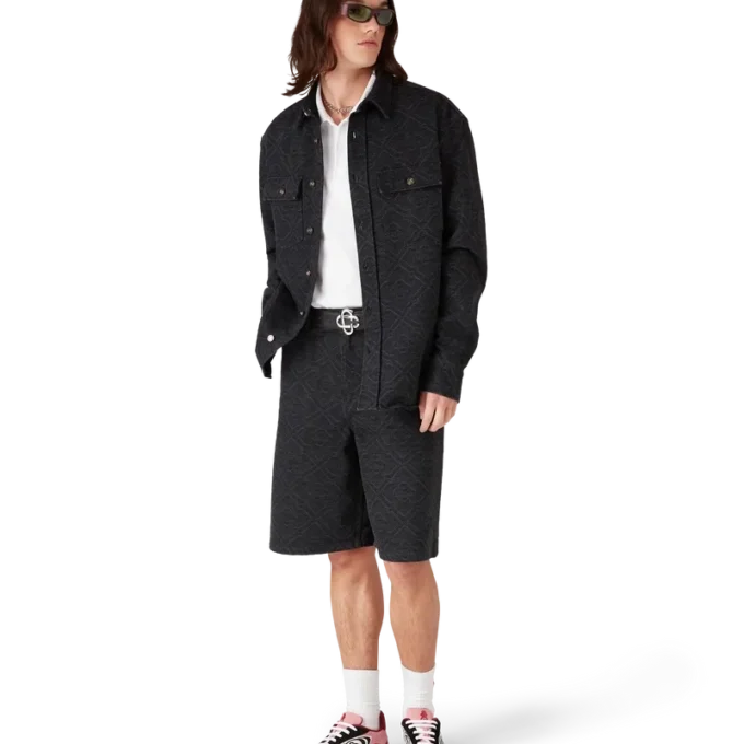 Zwart lasergeprint denim overhemd met lange mouwen Zwart lasergeprint denim overhemd met lange mouwen