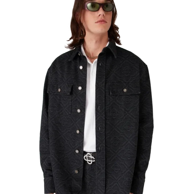 Zwart lasergeprint denim overhemd met lange mouwen Zwart lasergeprint denim overhemd met lange mouwen