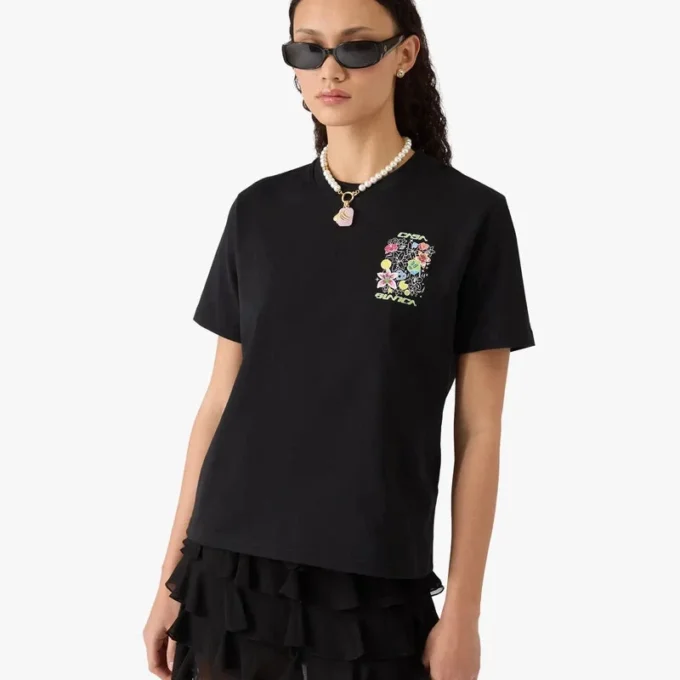 Zwart T-shirt met korte mouwen en graffitiprint