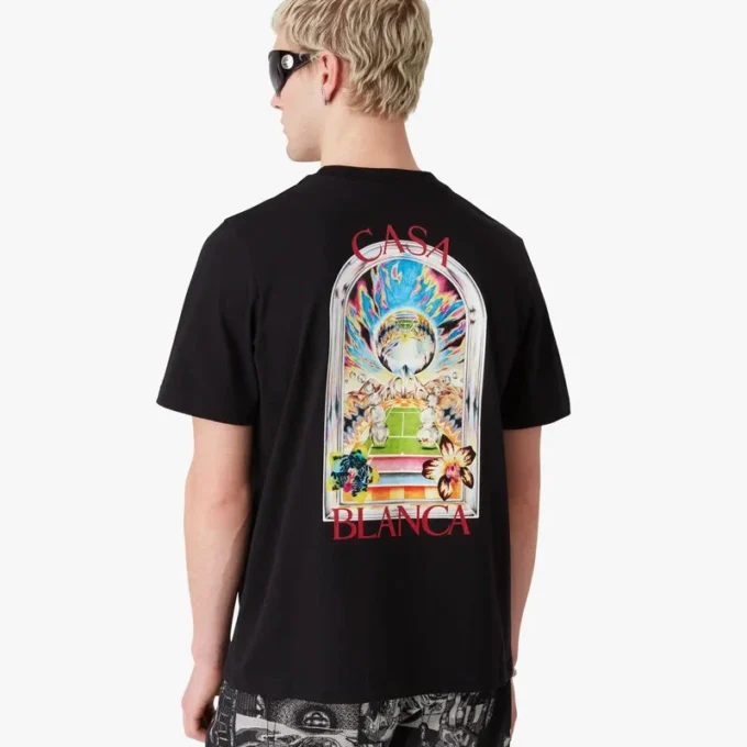 Zwart T-shirt met korte mouwen en tennislandschap