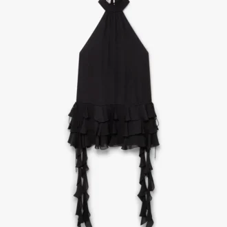 Zwarte mini-jurk van georgette met dubbele ruches