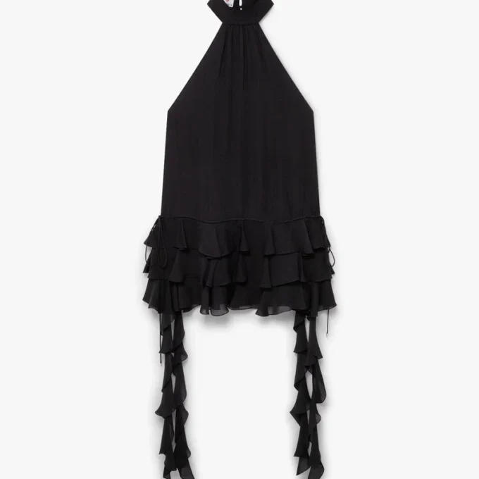 Zwarte mini-jurk van georgette met dubbele ruches Zwarte mini-jurk van georgette met dubbele ruches