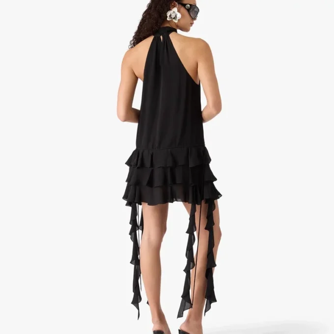 Zwarte mini-jurk van georgette met dubbele ruches Zwarte mini-jurk van georgette met dubbele ruches